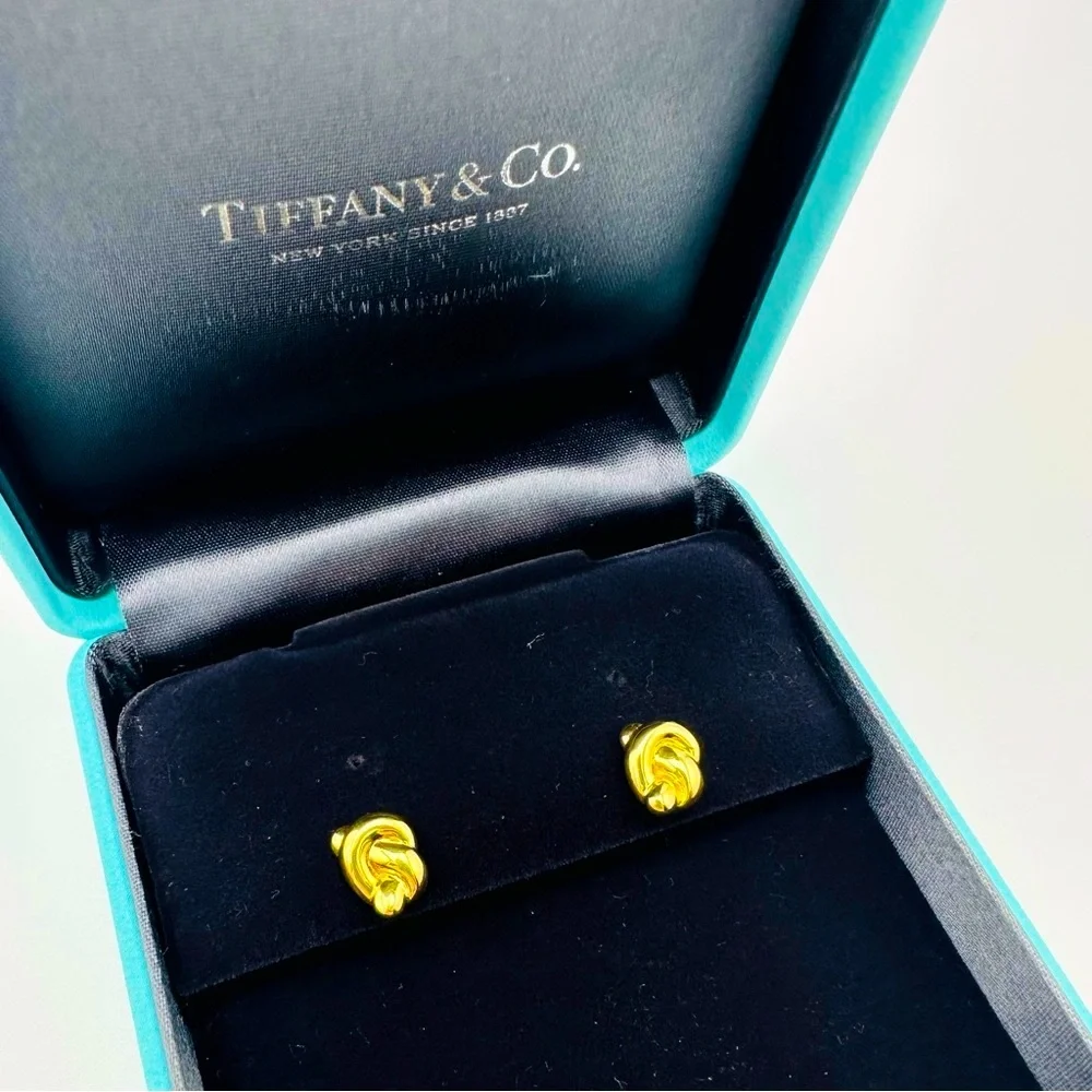 RARE Tiffany & Co. 18K Yellow Gold Twist Knot Pretzel Earrings Vintage with Box